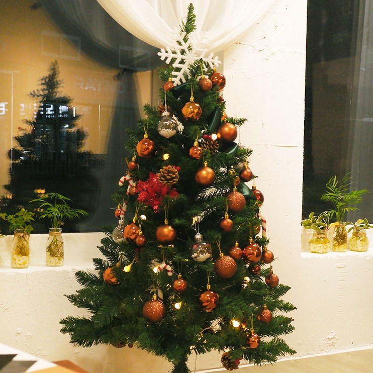 크리스마스트리 나무 전구 장식 풀세트 버건디 딥그린리본 120cm