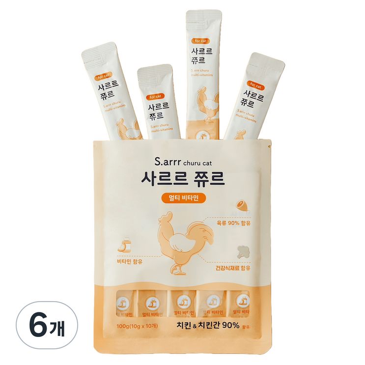 아르르 사르르 쮸르 짜먹는 고양이간식 멀티비타민, 치킨치킨간, 100g, 6개
