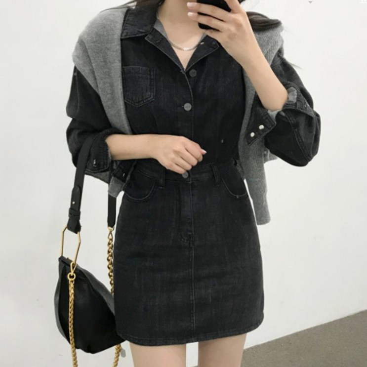 랜덤플레이 데님 포켓 셔츠 원피스