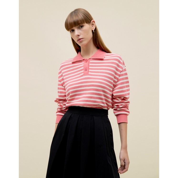 22FW 핑크 면 스트라이프 와플 조직 카라 배색 티셔츠 HSTS2C810P2 22FW 핑크 면 스트라이프 와플 조직 카라 배색 티셔츠 HSTS2C810P2