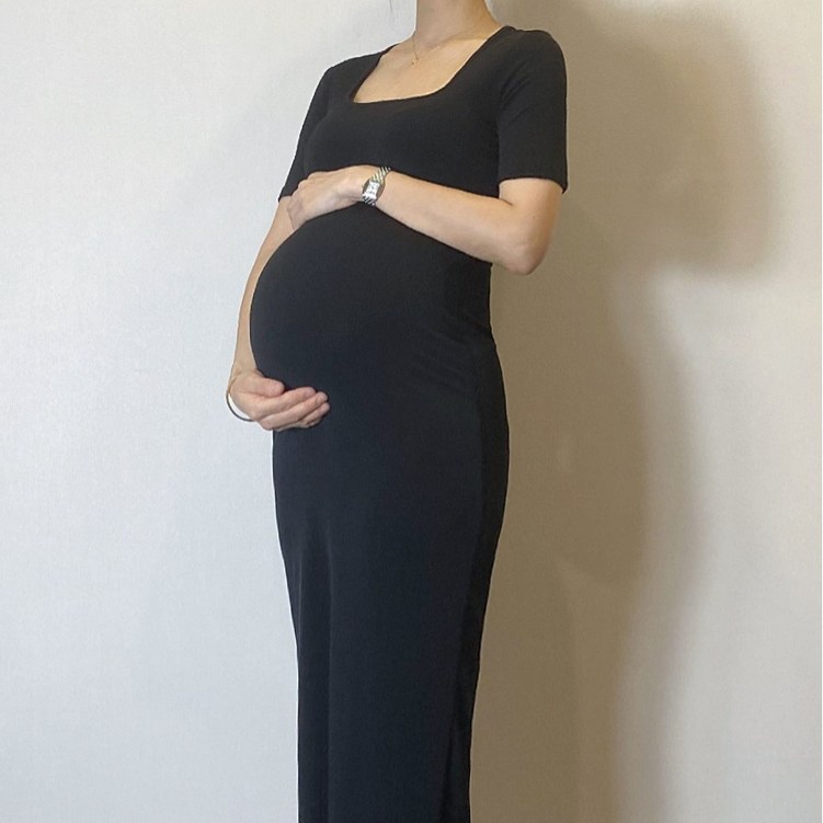 바로배송 임부 스퀘어넥 블랙 슬림 롱 원피스 임산부 주수사진 만삭 촬영 원피스