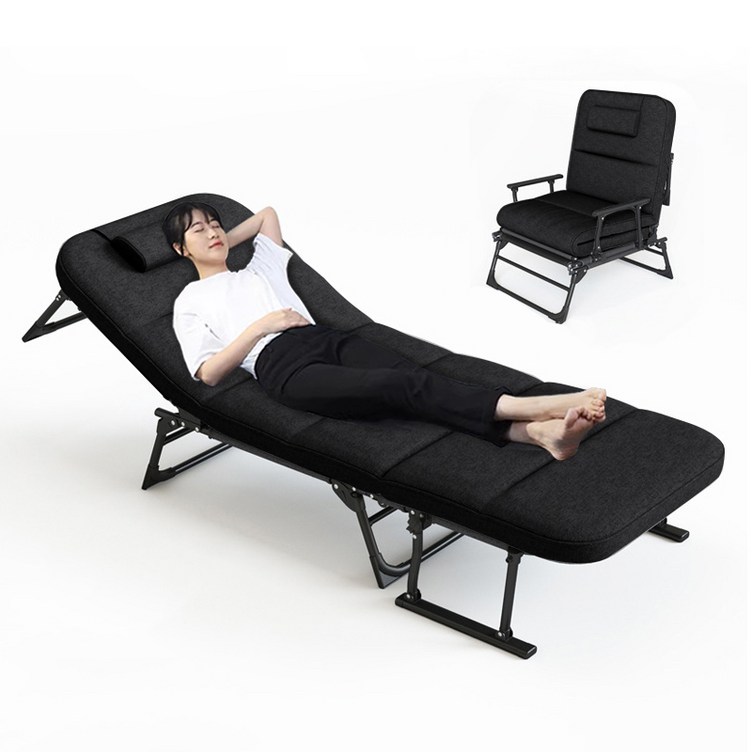 낮잠 수면 휴식 1인용 침대 접이식침대 튼튼한 리클라이너 의자 야전침대 목배게 접이식 1인용 침대 허리에좋은 접이식 리클라이너 하중 300KG, 블랙