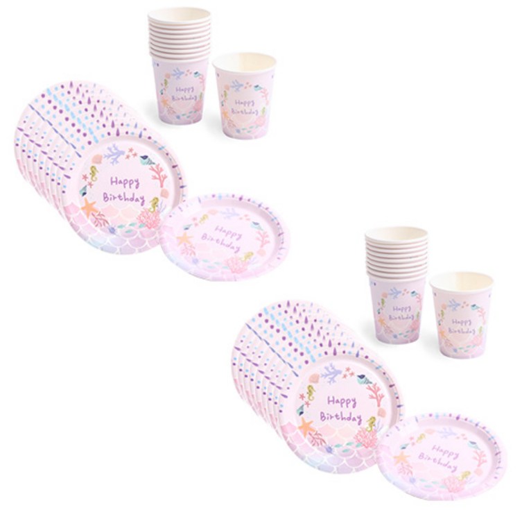 파티해 생일 파티접시 18cm 20p 파티컵 20p 세트 인어공주