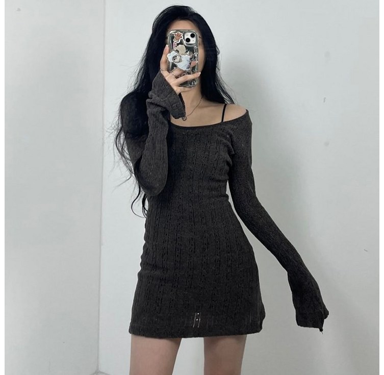 브라운 텐셀 펀칭패턴 오프숄더 나팔소매 미니 원피스 gai95260HU