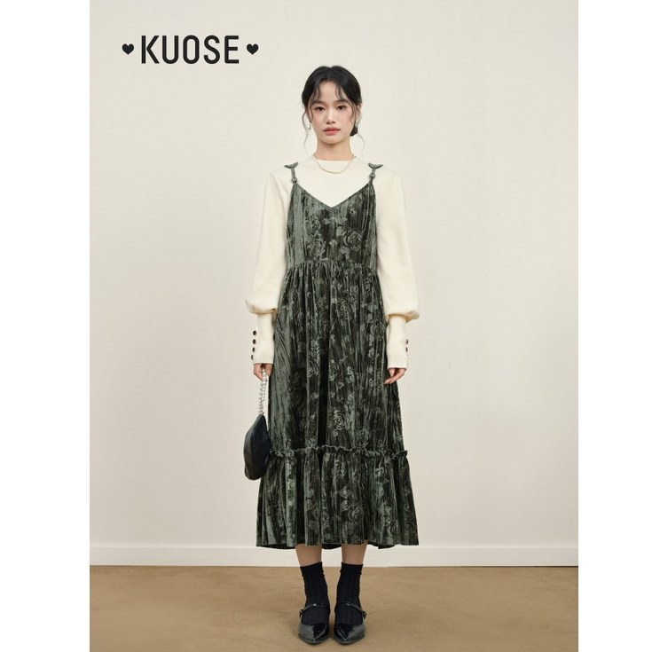 쿠오세 원피스 kuose 벨벳 꽃무늬 민소매 V넥 A라인 롱 스커트 여성 캉캉 끈 원피스