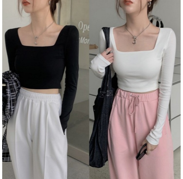 에르모소 11 여성 스퀘어넥 크롭 긴팔 티셔츠 여름 사계절 크롭티 HC035