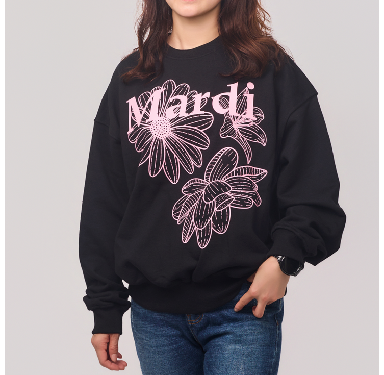 마르디메크르디 맨투맨 트리플 플라워 여성 긴팔 티셔츠 오버핏 블랙핑크