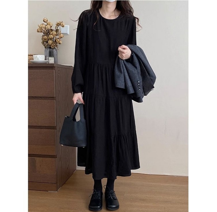 빅사이즈 여성 고급 라운드 긴팔 원피스 가을 원피스 루즈핏 플레어 롱스커트 하객 원피스