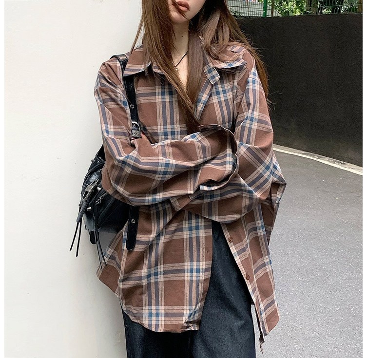 대박난박양 브라운 체크 오버핏 셔츠