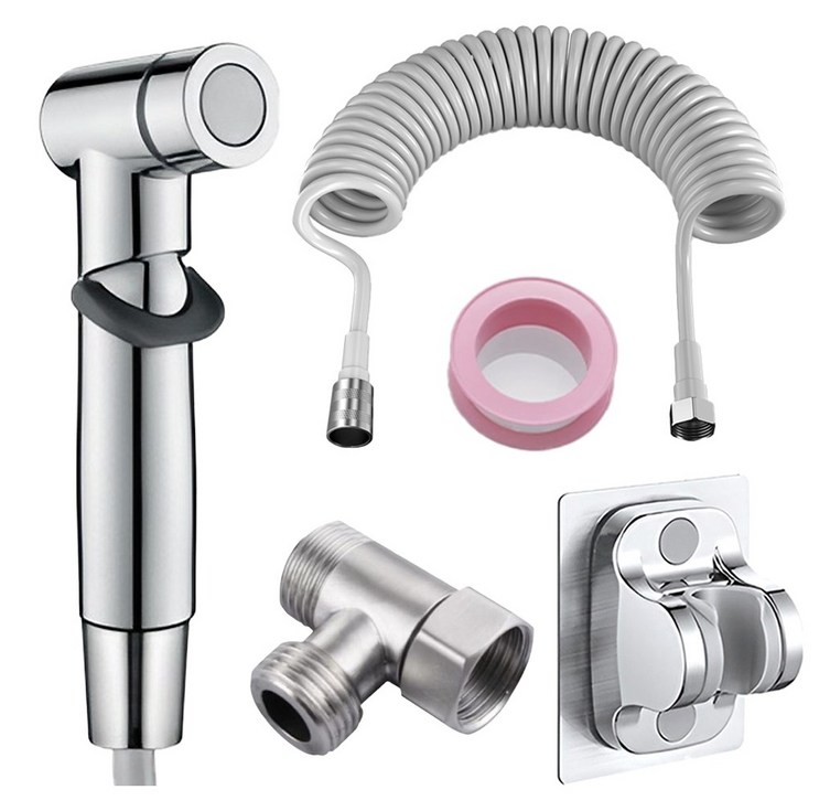 쉐리엘 욕실 화장실 베란다 스프레이건  무타공 브라켓  T자형 연결밸브  스프링 코일 호스 세트