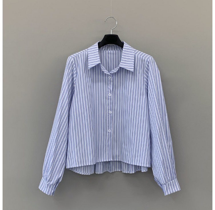 플리츠 언발 긴팔 스트라이프 카라 셔츠