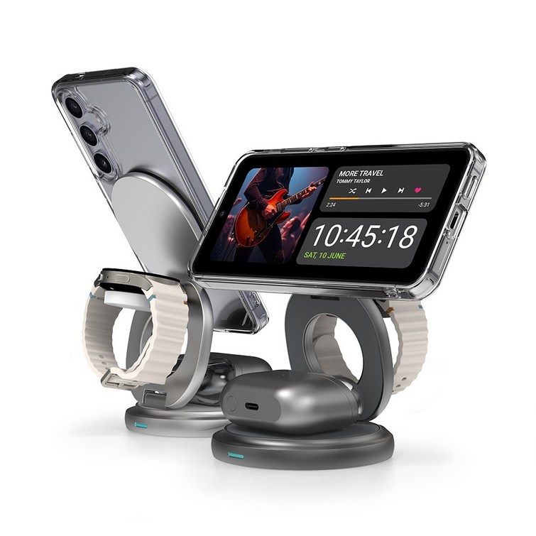 랩씨 3in1 맥세이프 15W 고속 무선 충전기 갤럭시 스마트폰, 아이폰, 갤럭시워치, 애플워치, 에어팟, 갤럭시버즈, 충전 거치대, 1개, 갤럭시워치용실버LABC246QISV