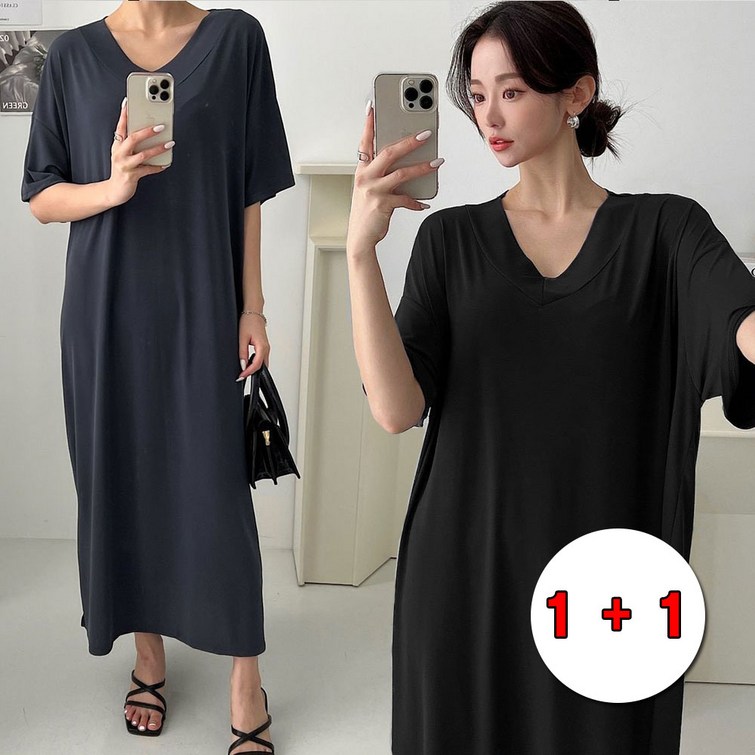 예쁜언니 11 여성 빅사이즈 여름 롱원피스 브이넥 아이스 쿨 냉감 찰랑원단 원피스